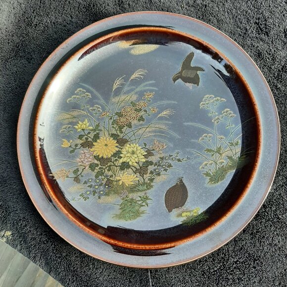VTG  Serving Platter Grouse Birds Flowers Iridescent Pattern Japan Round 12" D - Picture 10 of 14